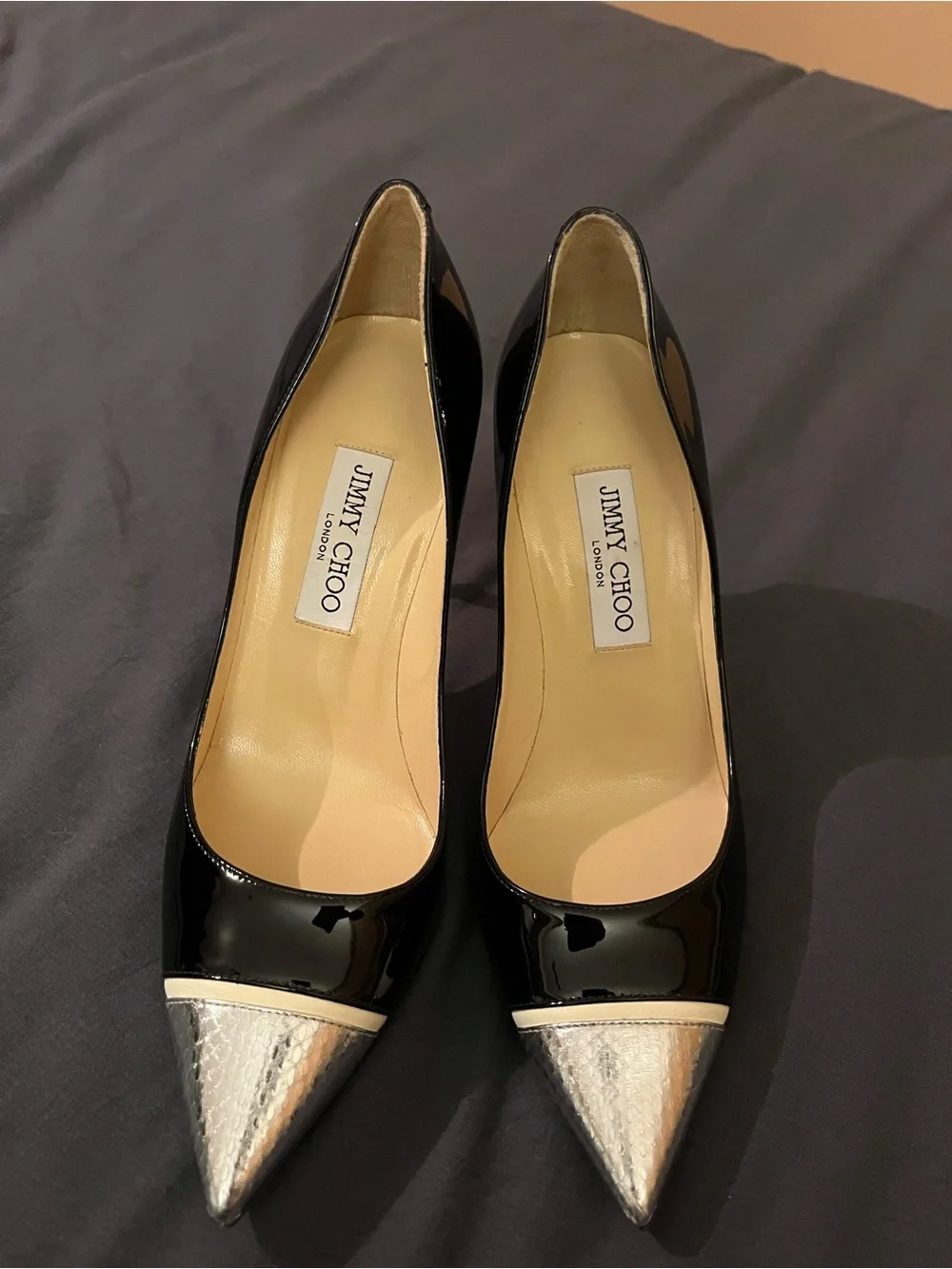 Jimmy Choo Black Patent Pointed Toe Pumps with Silver Metallic Cap - Picture 5 of 8
